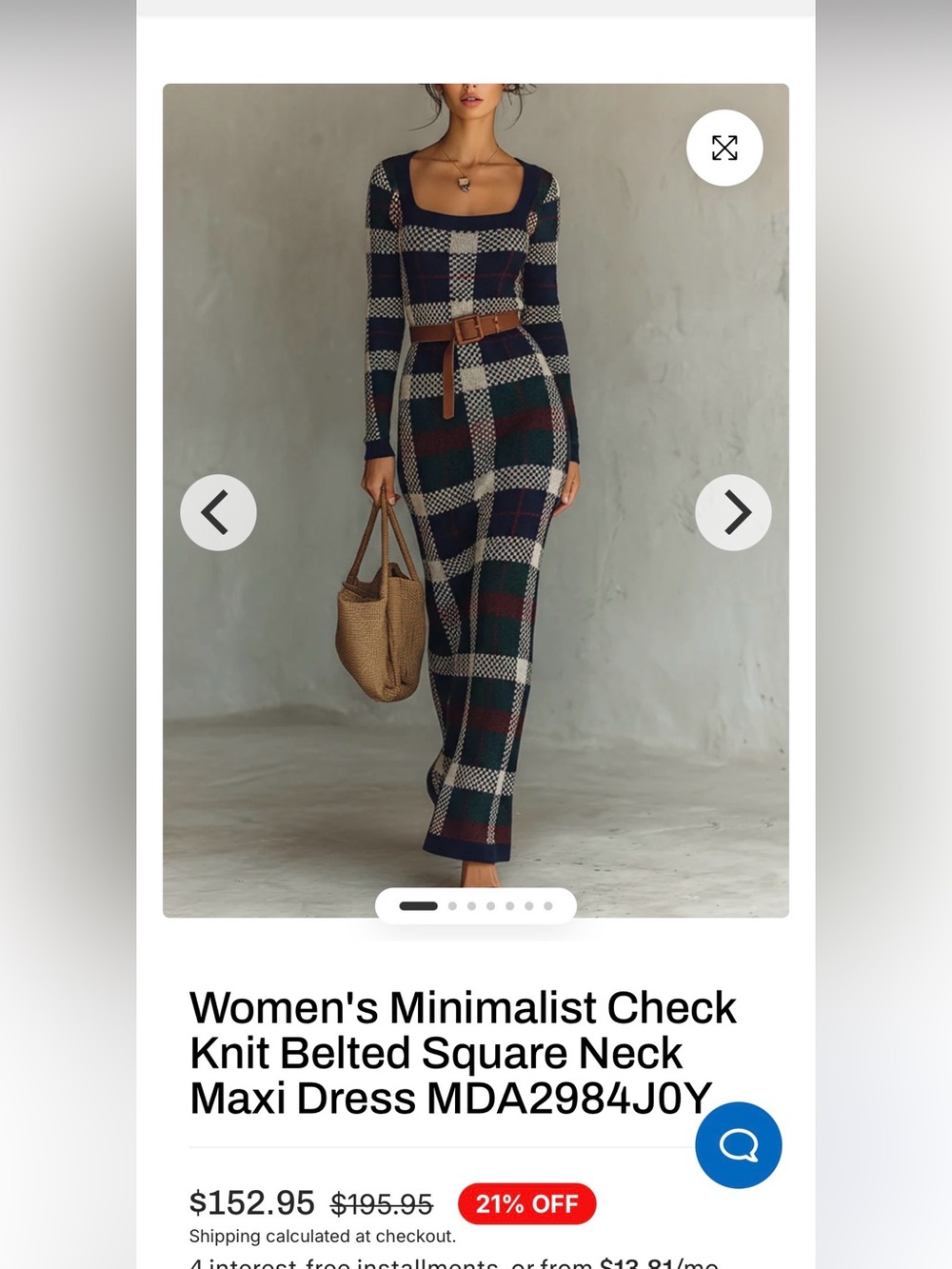 Square-Neck Belted Check Knit Maxi Dress - Navy & Cream